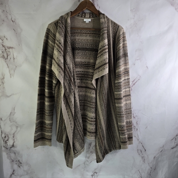 J Jill Cardigan Womens Large Brown Sweater Waterfall Geometric Striped Open Isle - Picture 1 of 12